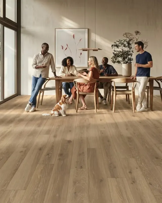 Friends gathered around a dining table over warm wood-look flooring.