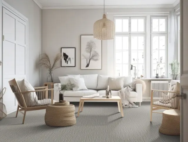 Scandinavian-style living room with textured neutral carpet.