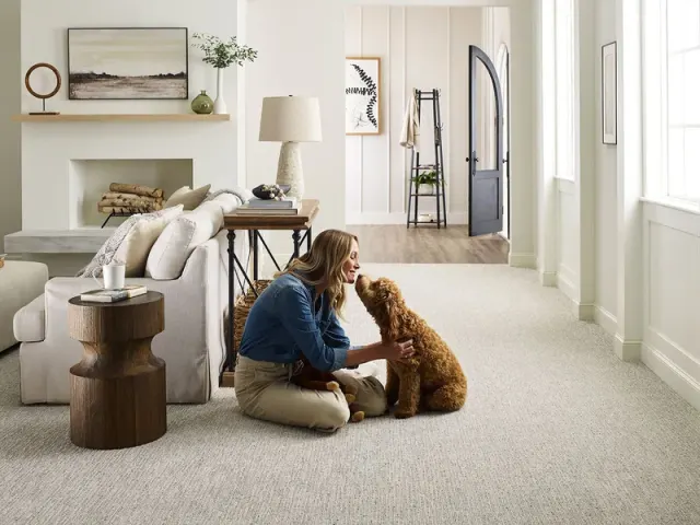 Woman greeting a puppy on cream carpet.