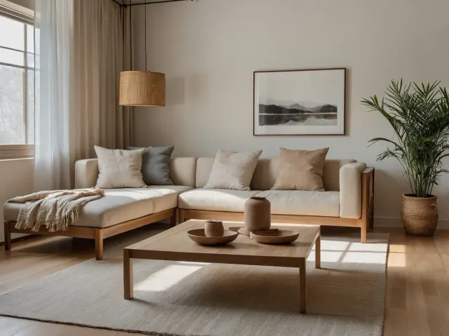 Neutral living room with a sectional sofa, woven accents, and light wood flooring.